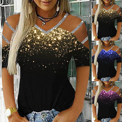 #ad Womens Sexy Cold Shoulder T Shirt Tops Ladies Summer Slim Fit Printed Blouse Tee $19.69