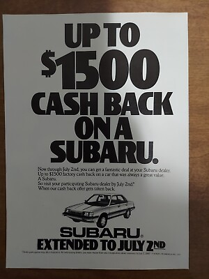 #ad Subaru Of America Inc 1987 Vintage Print Ad Cash Back Offer Car Sideways $5.99