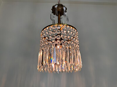 #ad Antique Vintage French Brass amp; Crystals Chandelier Ceiling Lamp Light 1960s $195.00