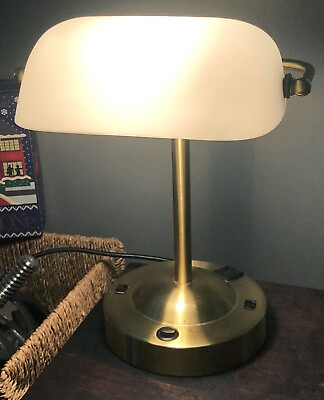 #ad Hotel Bankers Lamp w Outlet Plug White Matte Glass Shade Vintage Antique Table $22.00