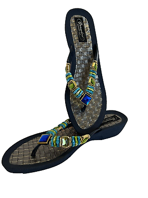 #ad NWOT. Grandco Women’s Blue Jeweled Thong Sandal Water Resistant Wedge Heel Sz. 9 $21.50