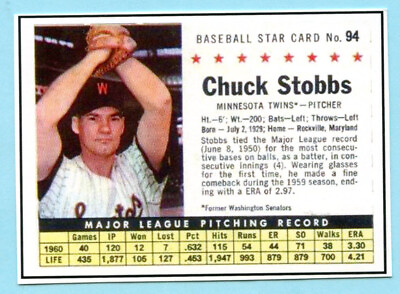 #ad 2022 1961 Cereal Card #94 Chuck Stobbs Minnesota Twins $5.00