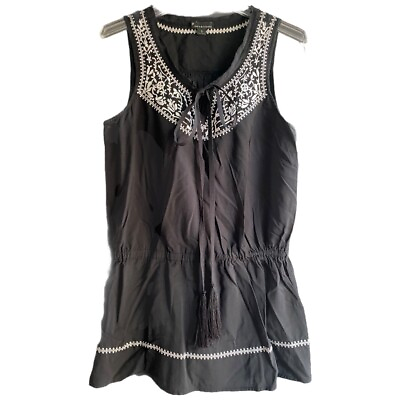 #ad Tunic Tank Top Tribal Floral Printed Boho Embroidered Sleeveless Black Shirt S $12.14