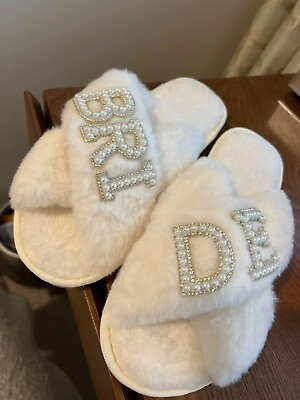 #ad Bride Slippers Slip On Fuzzy White Bridal Slippers Size MEDIUM $28.79