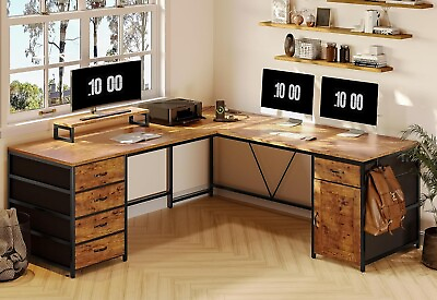#ad L Shaped Desk with 5 Drawers Long Home Office Desk Computer Desk Rustic Brown $195.89