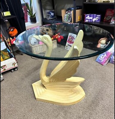 #ad Amish Made. Wooden carved Swan table with glass top. $509.15