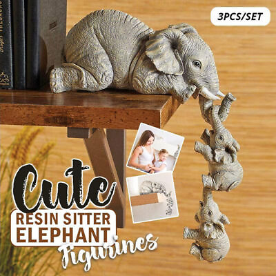 #ad 3X Resin Elephant Sitter Figurines Mother and 2 Babies Hanging Off Edge For Gift $9.59