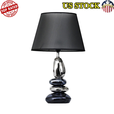 #ad Modern Ceramic Table Lamp W Black Shade Stacked Chrome Bedroom Living Room New $78.19