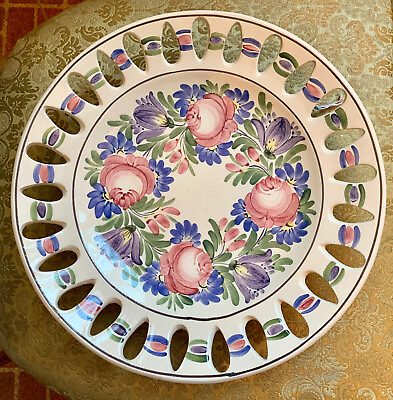 #ad Hand Painted Pink Floral Roses Reticulated Ceramic 11” Hanging Plate Signed $26.00