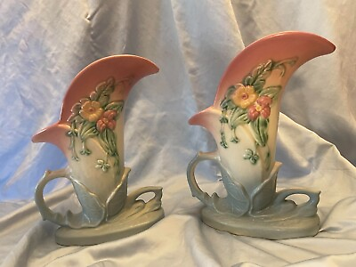 #ad Vintage Hull Art USA Pottery SET OF 2 Wildflower Vase Pink Blue W 10 8 1 2  $79.99