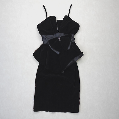 #ad VTG Black Velvet Dress Sleeveless Big Bow Ruched Waist Gems Formal 1980s $67.50