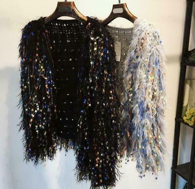 #ad Womens Faux Fur Cloak Short Coat Sequins Knit Fringe Sweater Cardigan $45.82