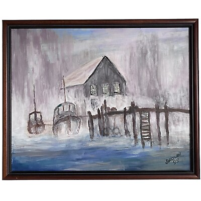 #ad Misty Harbor Boathouse Boats Ocean Cove Foggy Water Painting 16”x 20” Vtg Framed $17.50