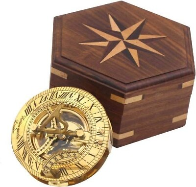 #ad Directional Magnetic Sundial Clock Pocket Compass 3quot; W Wooden Box Christmas Gift $40.00