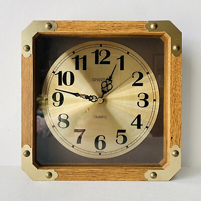 #ad Vtg Mid Century Modern Spartus Wood amp; Brass Glass Quartz Wall Clock 11” $27.99