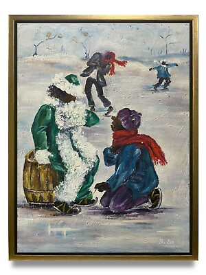 #ad NY Art Original Oil Painting of Winter Playground on Canvas 12x16 Framed $141.00