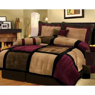 #ad Burgundy or White Brown and Black Suede Patchwork Comforter Set Bed In A Bag $86.99