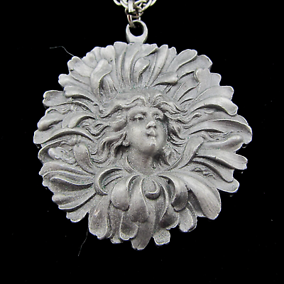#ad Vintage by Goldn#x27; Things Art Nouveau Style Pewter Woman Flower Pendant Necklace $19.54