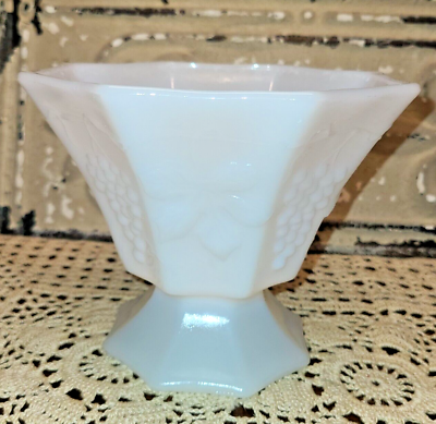 #ad Vintage Milk Glass Pedestal Dish Raised White Floral Grape Design $20.00