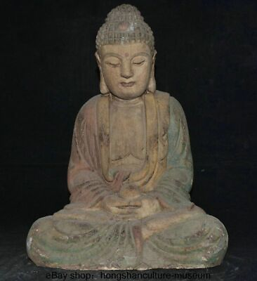 #ad 16 quot; Old Chinese Buddhism Wood Carved Seat Sakyamuni Buddha Statue Sculpture EUR 465.00