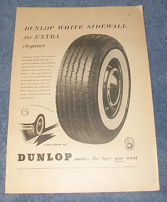 #ad 1955 Dunlop White Sidewall Vintage Tire Ad quot;...For Extra Elegancequot; $10.99