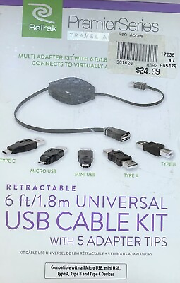 #ad Retrak 6 Ft 1.8m Universal USB Cable Kit w 5 Adapters Tips Black $10.00