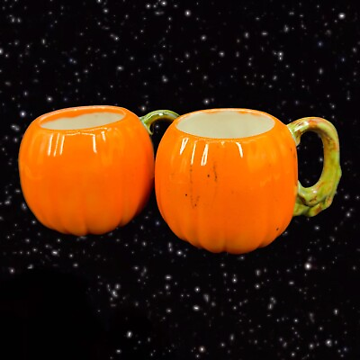 #ad 1974 Ceramic Pumpkin Coffee Cup Mug Set 2 Hand Made Painted Mugs Vintage 4”W 3”T $16.10