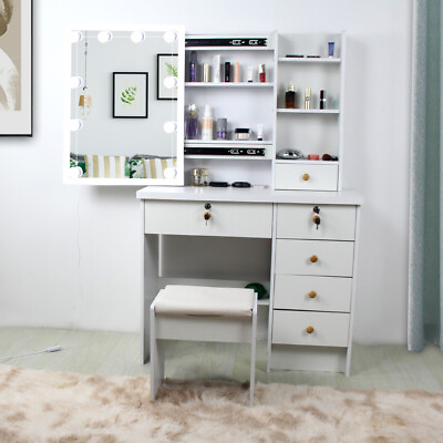 #ad Modern White Dressing Table Makeup Desk w Large Mirror amp; Drawer Charging Station $183.80