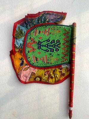 #ad Antique Old Hand Made Wooden Handle Colorful Beads Tribal work Hand Hold Fan $35.70