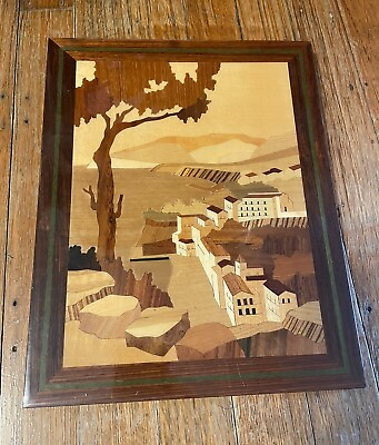 #ad Vintage Wood Marquetry Inlay Picture Art Scenic Town Italy Inlaid 9 X 11 $25.00