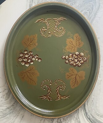#ad Vintage Mid Century Tole Tray Green Gold Signed Oval 24x19 Hand Painted MCM $29.99