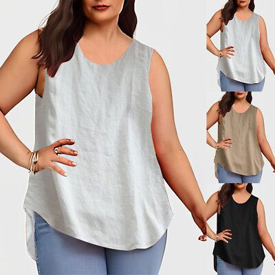 #ad Plus Size Summer Women Sleeveless Solid Vest Tank Top Casual Loose Holiday Shirt $14.75