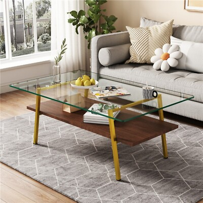 #ad Tempered Glass Coffee Table 2 Tier Modern Table w Metal Legs for Living Room $116.99