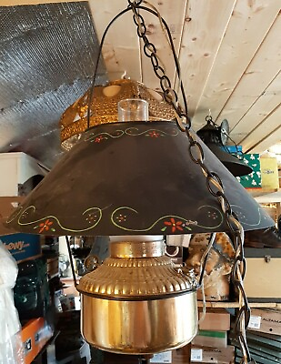 #ad #ad VINTAGE HANGING CEILING ELECTRIC Converted OIL LAMP Brass Base Tin Shade amp; Chain $228.00