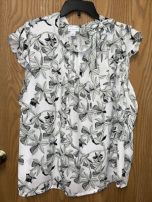 #ad Womens Liz Claiborne White Floral Short Flutter Sleeve Dress Shirt Bow SIZE 2X $15.00