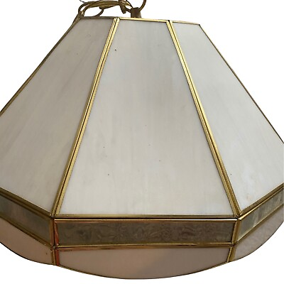 #ad VTG Pearl White 9 Panel Hanging Swag Light Fixture Brass Pendant Lamp Shade $110.49
