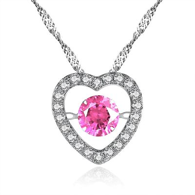 #ad Women#x27;s Round Pink Sapphire Sterling Silver Heart Shape Dancing Pendant Necklace $28.56