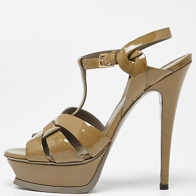 #ad Saint Laurent Olive Green Patent Leather Tribute Sandals Size 37 $246.75