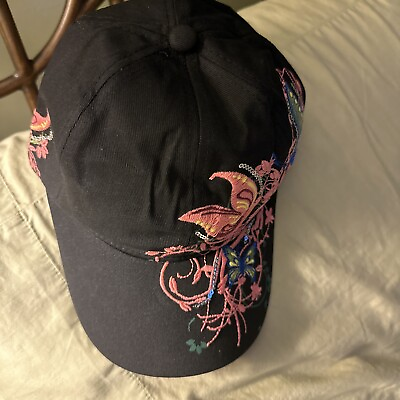 #ad Black Womens Baseball Peaked Cap with Pink Butterfly Floral Pattern $12.00
