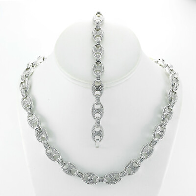 #ad Men#x27;s 12mm Silver Finish Iced Mariner Link Choker Necklace 16 30#x27;#x27; Bracelet Set $35.99