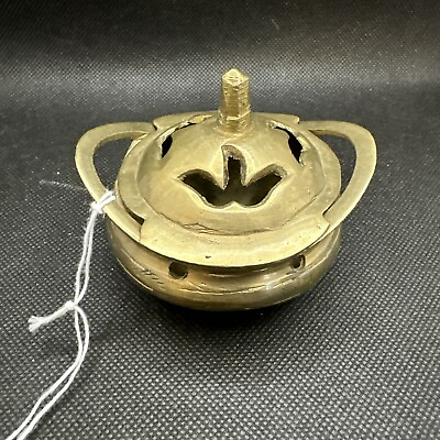 #ad Vintage Antique Chinese Bronze Brass Tripod Incense Burner with Lid $20.00