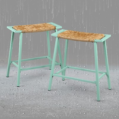 #ad OUllUO 26quot; Green Wicker Bar Saddle Stools Set of 2 Rope Rattan Counter Height $119.99