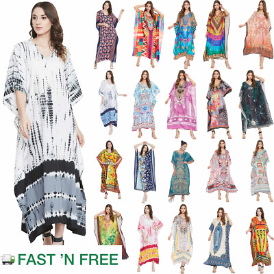 #ad Women Boho Kaftan Kimono Maxi Dress Beach Holiday Plus Size Loose Long Sundress $13.99