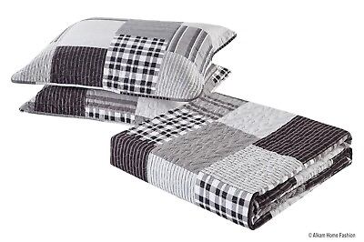 #ad All American Collection Black and Grey Modern Plaid Bedspread and Pillow Sham Se $52.99