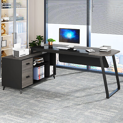 #ad Gray Office Executive Desk Computer Desk Workstation with File Cabinet Drawer $293.91