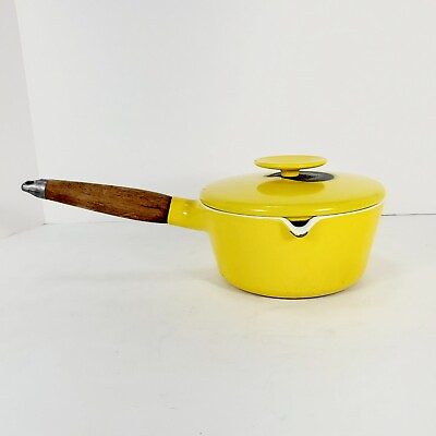 #ad Vtg Copco Enamel Cast Iron 1 Quart Sauce Pan Yellow Michael Lax Design Denmark $30.00