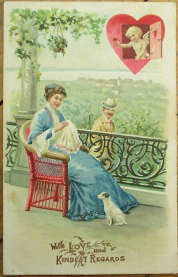 #ad Valentine 1910 Postcard Cupid and Couple Embossed Color Litho $9.99