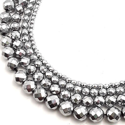 #ad Silver Hematite Faceted Round Beads 2mm 3mm 4mm 6mm 8mm 10mm 12mm 15.5quot; Strand $4.94