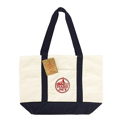 #ad Trader Joe#x27;s Reusable Canvas Eco Tote Bag Heavy Duty Bag Blue White Brand NEW $7.99