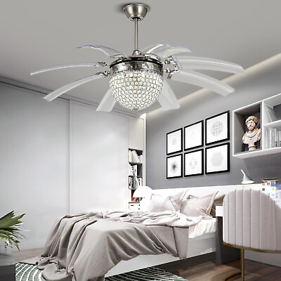 #ad 42quot; Retractable Ceiling Fan Light LED Crystal Chandelier Dimmable Lamp w Remote $99.75